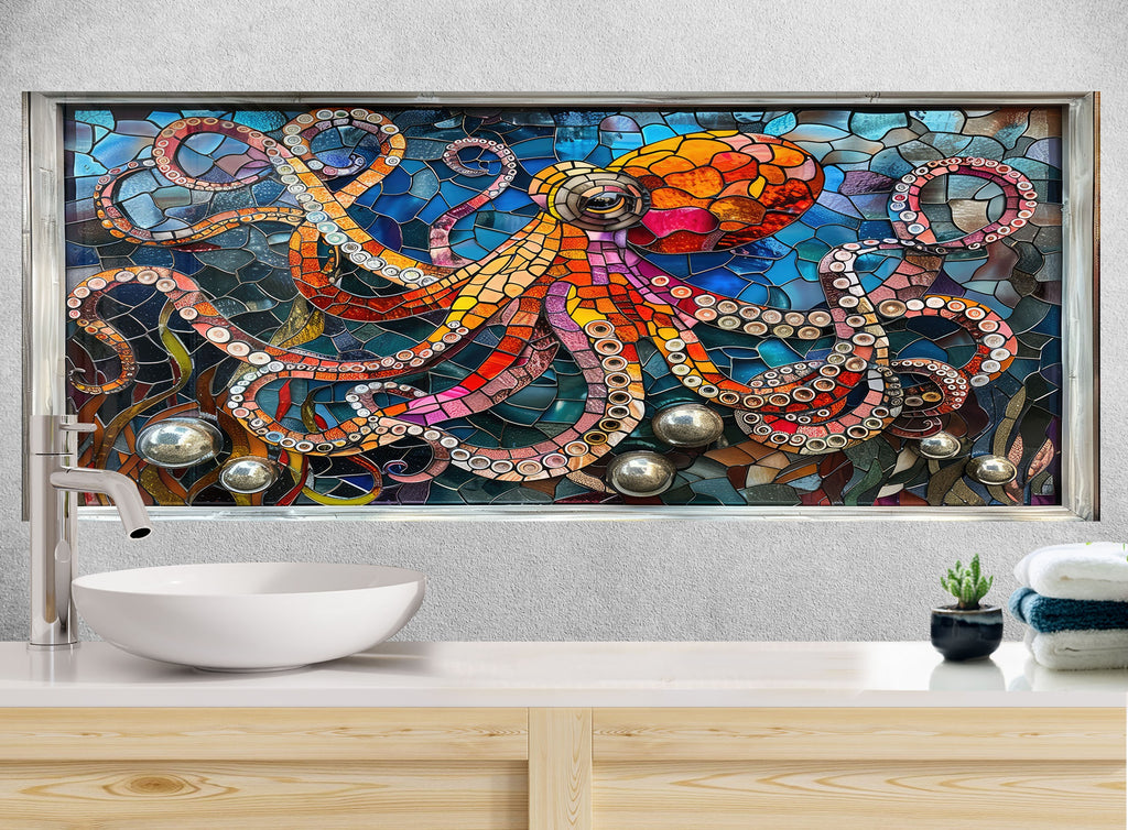 Mosaic Tempered Glass Kitchen Backsplash with Colorful Octopus Design-BacksplashArtworks