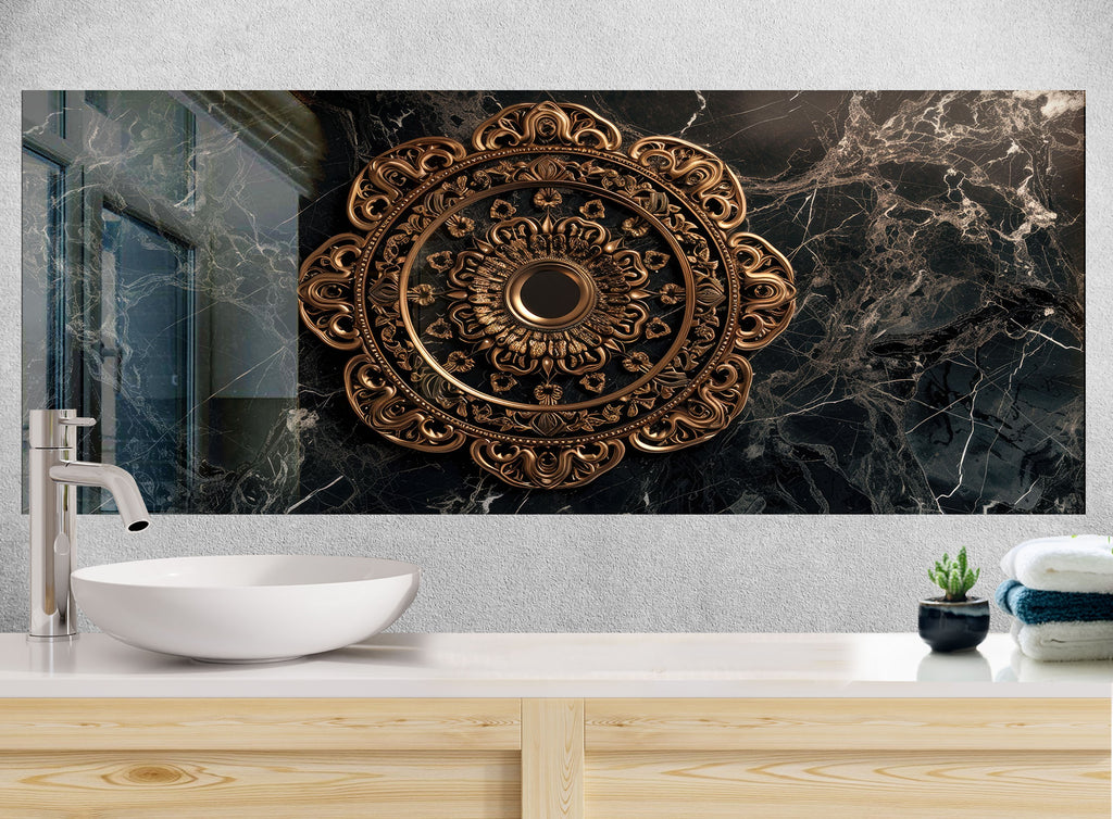 Black Marble & Gold Mandala - Glass Kitchen Backsplash-BacksplashArtworks