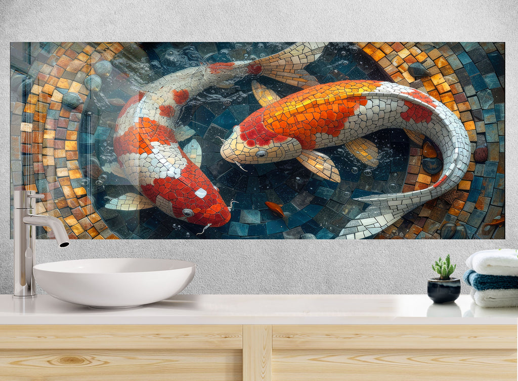 Mosaic-Inspired Glass Kitchen Backsplash with Koi Fish Design-BacksplashArtworks