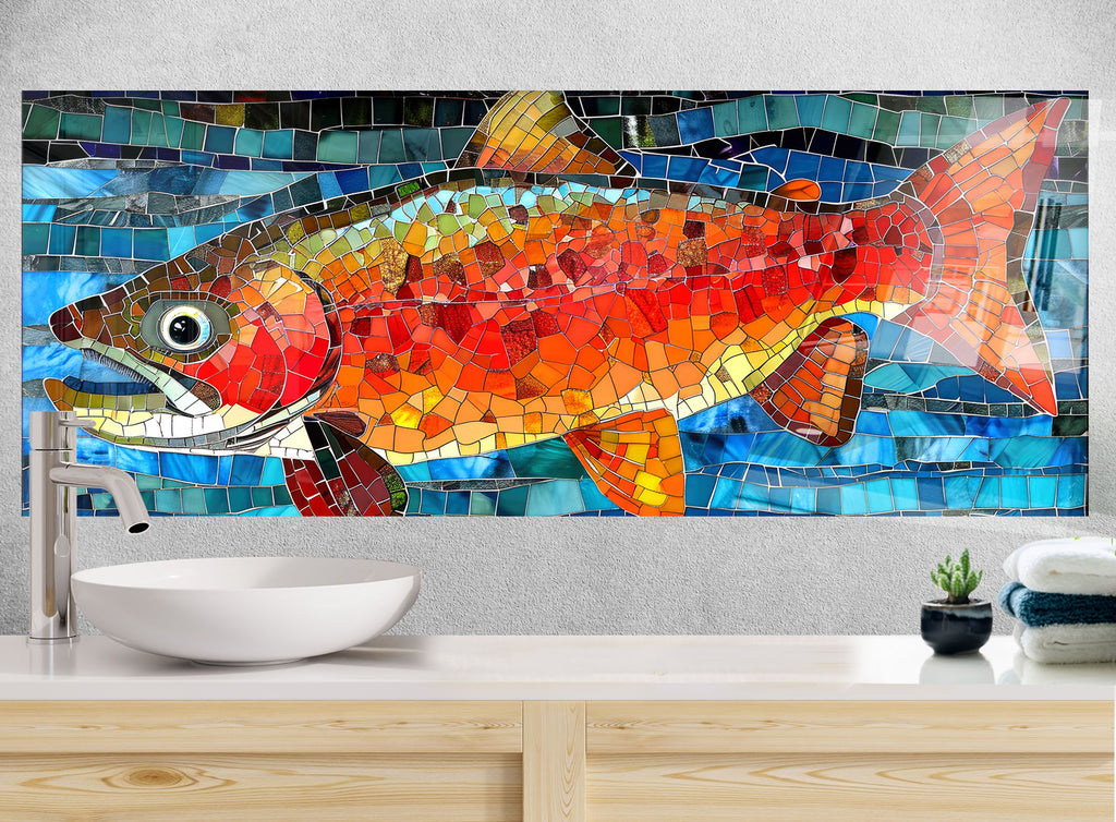Mosaic Tempered Glass Kitchen Backsplash with Vibrant Colorful Fish Design-BacksplashArtworks
