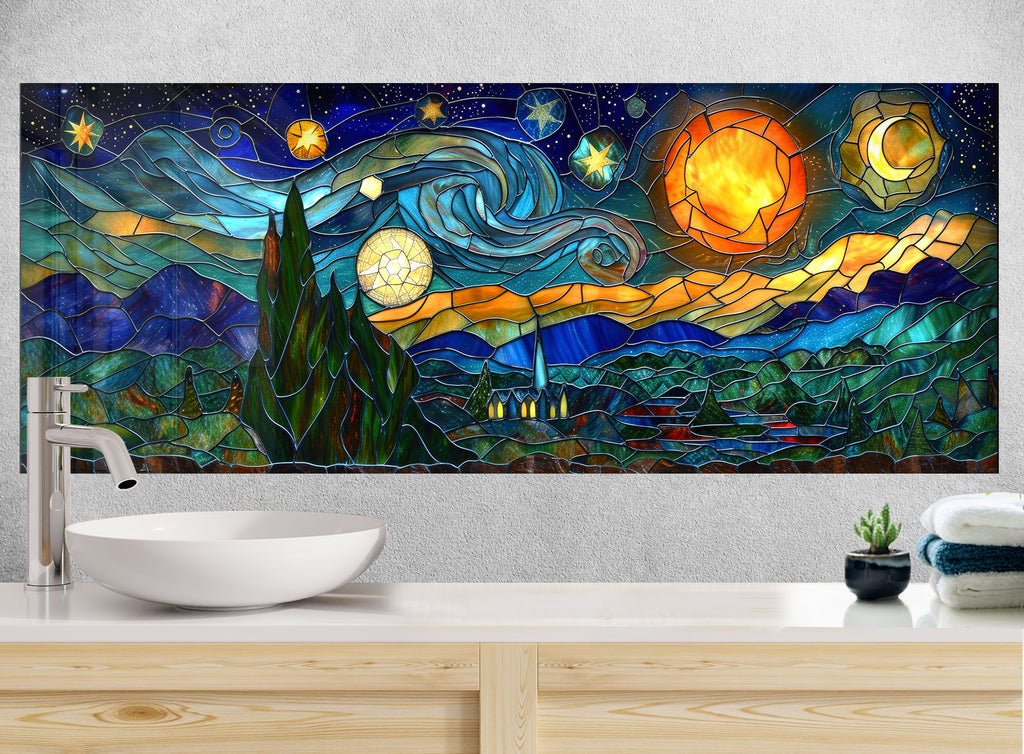 Mosaic-Inspired Tempered Glass Kitchen Backsplash with Starry Night Design-BacksplashArtworks