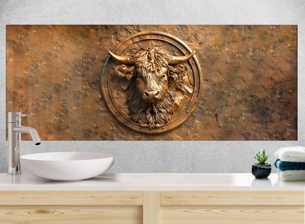 Bronze Highland Bull – Glass Kitchen Backsplash-BacksplashArtworks