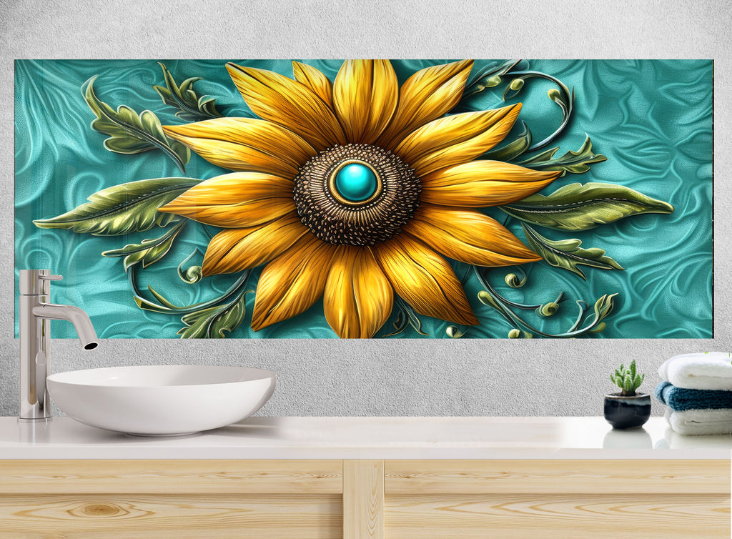 Golden Sunburst Flower - Glass Kitchen Backsplash-BacksplashArtworks