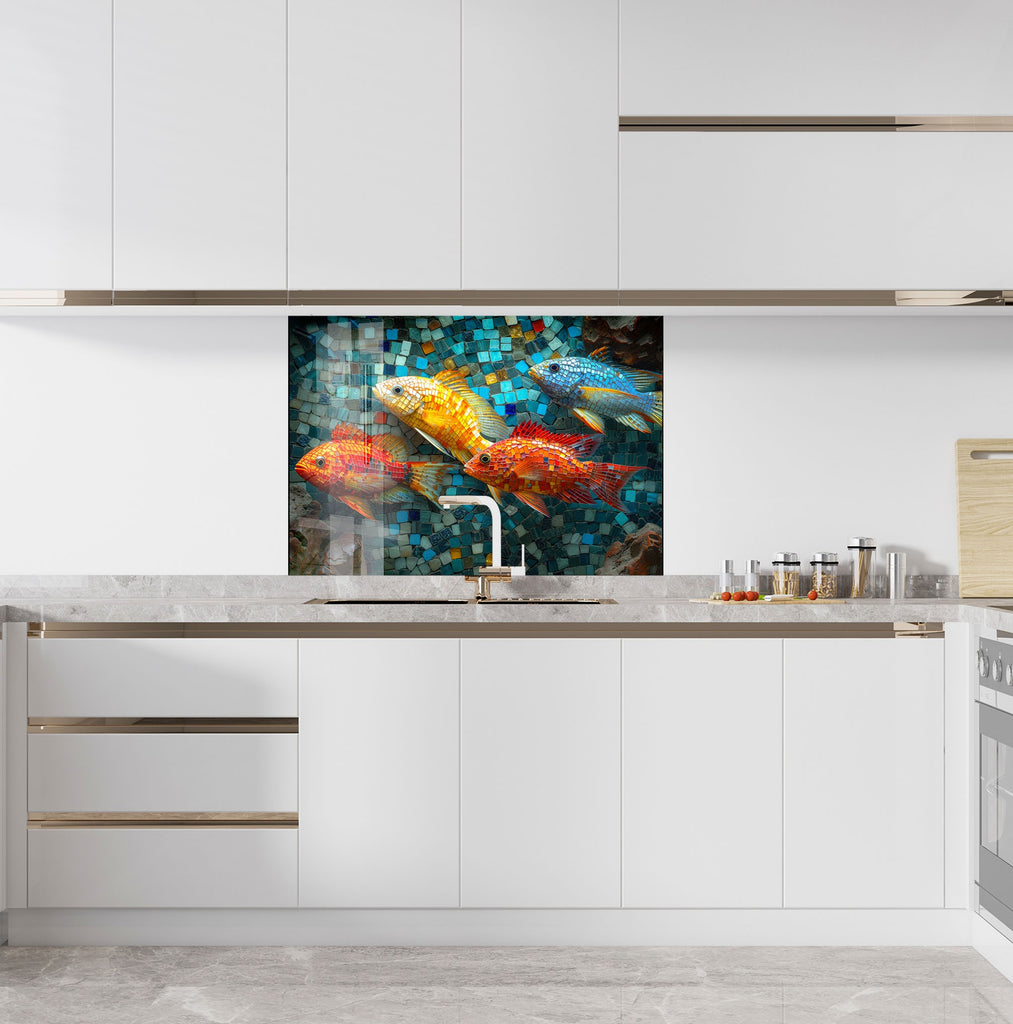 Mosaic-Inspired Glass Kitchen Backsplash with Colorful Fish Design-BacksplashArtworks
