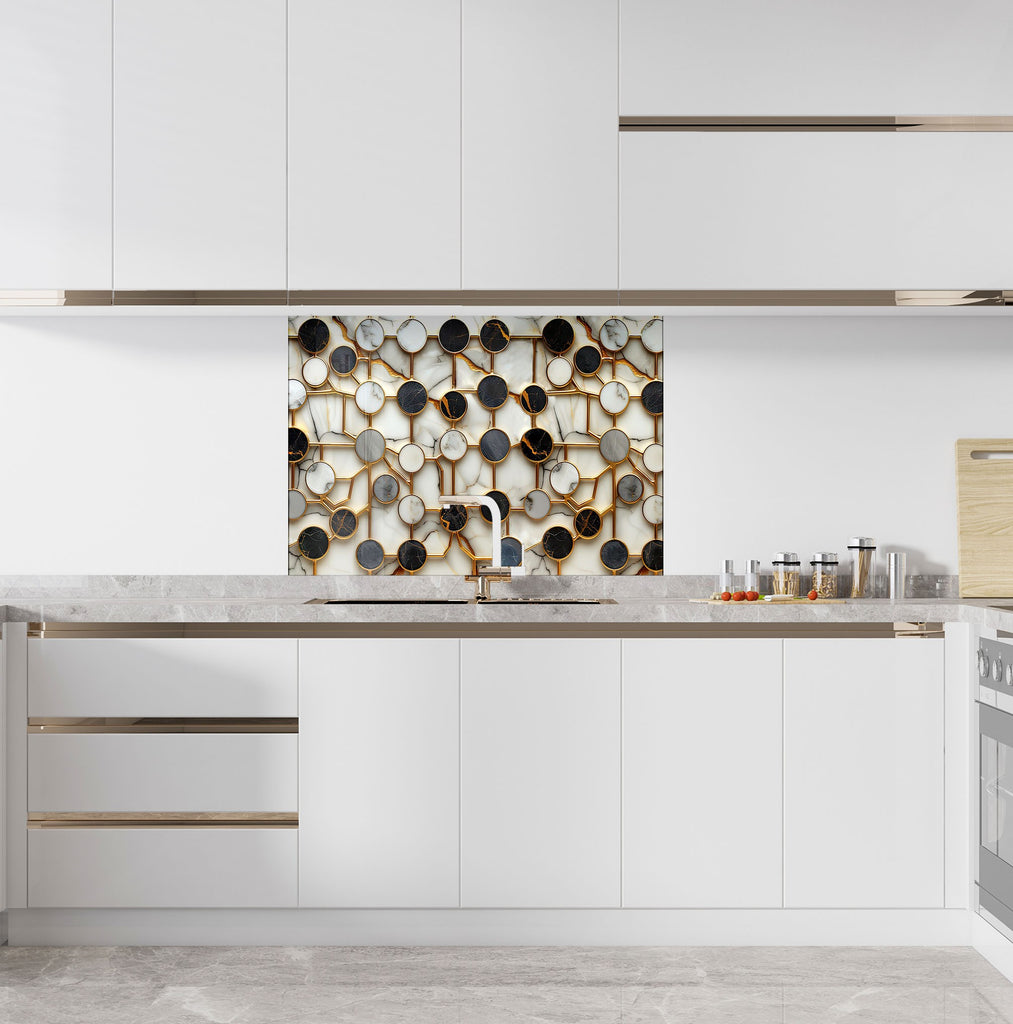 Modern Gold & Marble Circles - Glass Kitchen Backsplash-BacksplashArtworks
