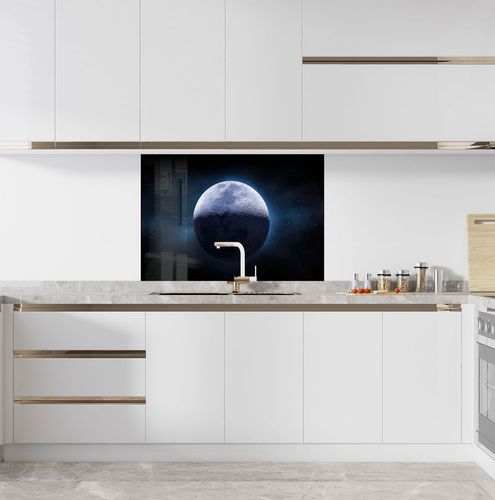 Blue Lunar Glow Wall Art - Tempered Glass Kitchen Backsplash-BacksplashArtworks