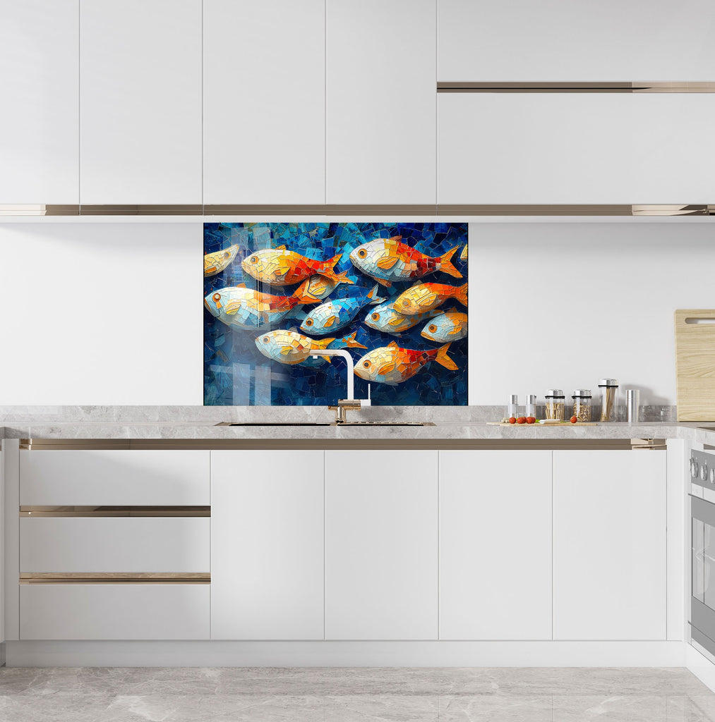 Mosaic-Inspired Tempered Glass Kitchen Backsplash with Colorful Fish Design-BacksplashArtworks