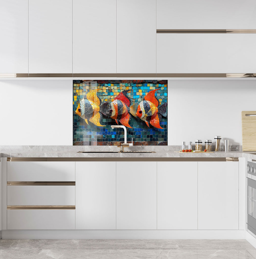 Mosaic-Inspired Glass Kitchen Backsplash with Colored Fish Design-BacksplashArtworks