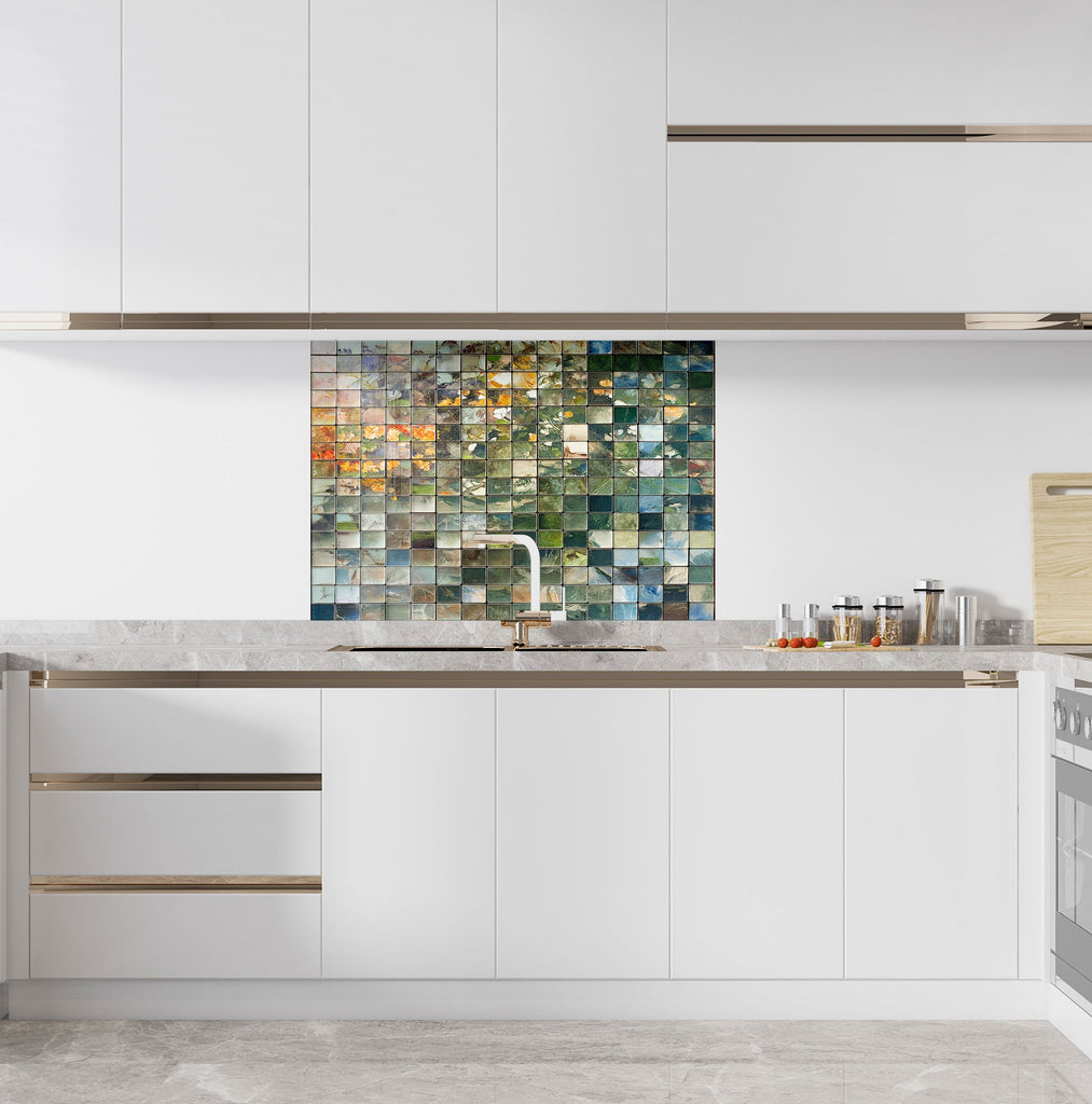 Mosaic Tempered Glass Kitchen Backsplash with Green and Earthy Tones Design-BacksplashArtworks