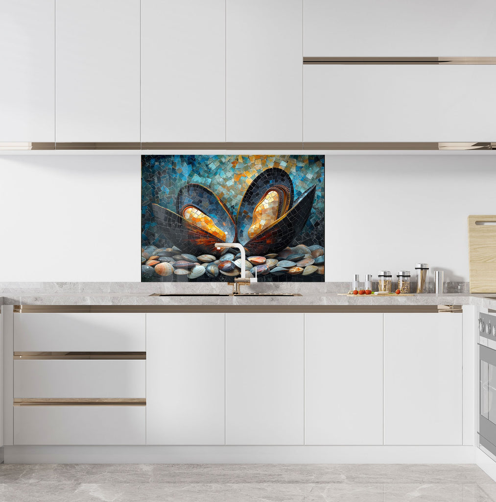 Mosaic Glass Kitchen Backsplash with Open Oyster and Pearl Design-BacksplashArtworks