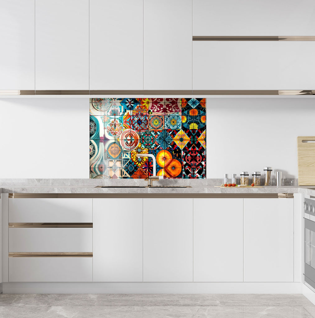 Mosaic Tempered Glass Kitchen Backsplash with Colorful Geometric Design-BacksplashArtworks