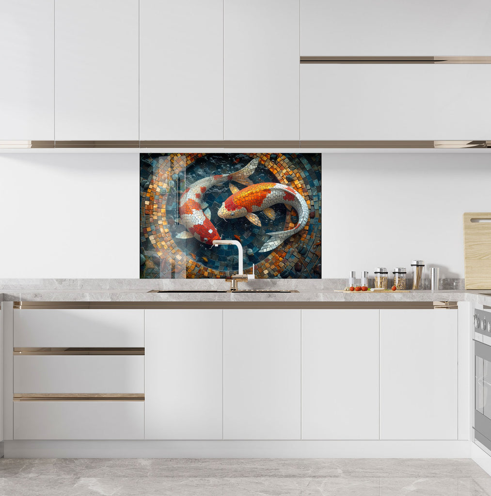 Mosaic-Inspired Glass Kitchen Backsplash with Koi Fish Design-BacksplashArtworks