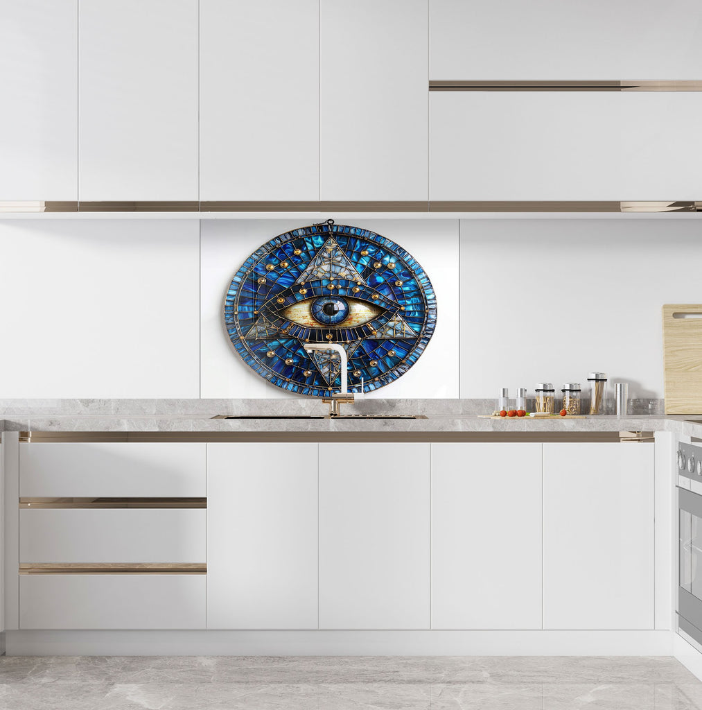 Mosaic Tempered Glass Kitchen Backsplash with Eye of Providence Design-BacksplashArtworks
