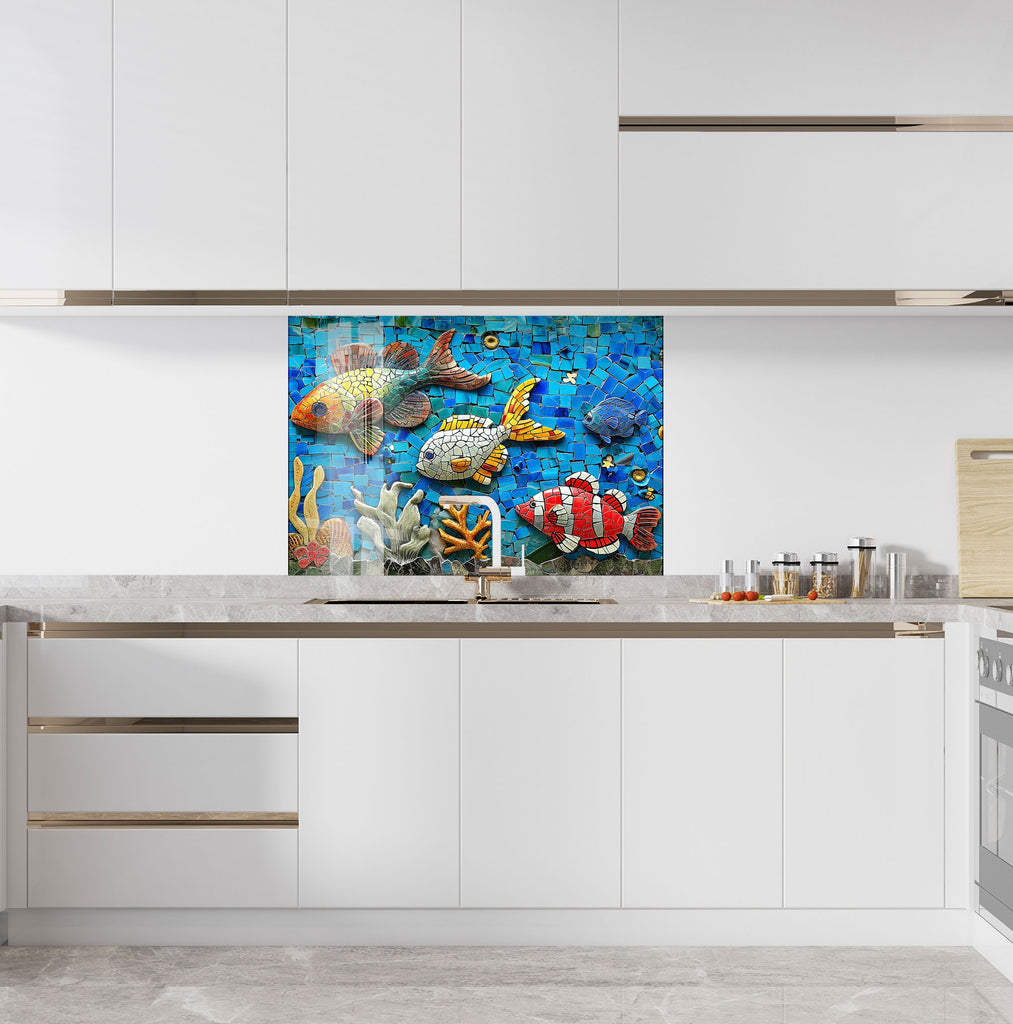 Mosaic Tempered Glass Kitchen Backsplash with Colorful Fish and Coral Design-BacksplashArtworks