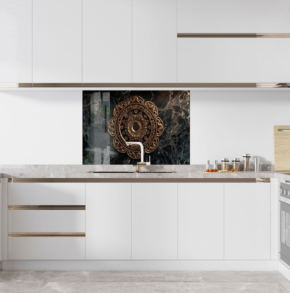 Black Marble & Gold Mandala - Glass Kitchen Backsplash-BacksplashArtworks