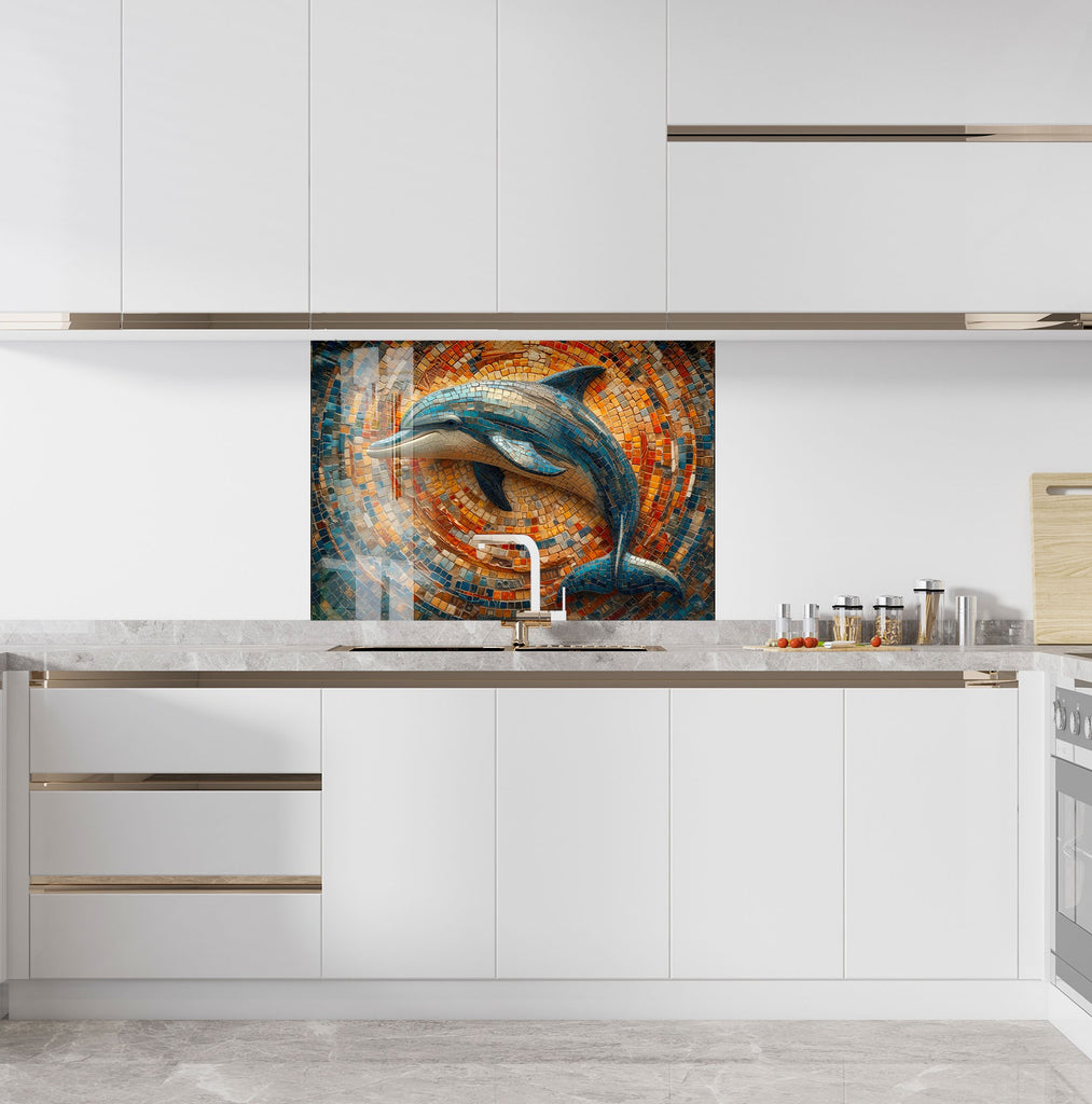 Mosaic-Inspired Tempered Glass Kitchen Backsplash with Dolphin Design-BacksplashArtworks