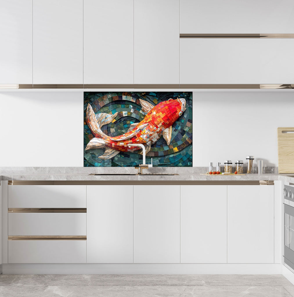 Mosaic Glass Kitchen Backsplash with Colorful Koi Fish Design-BacksplashArtworks