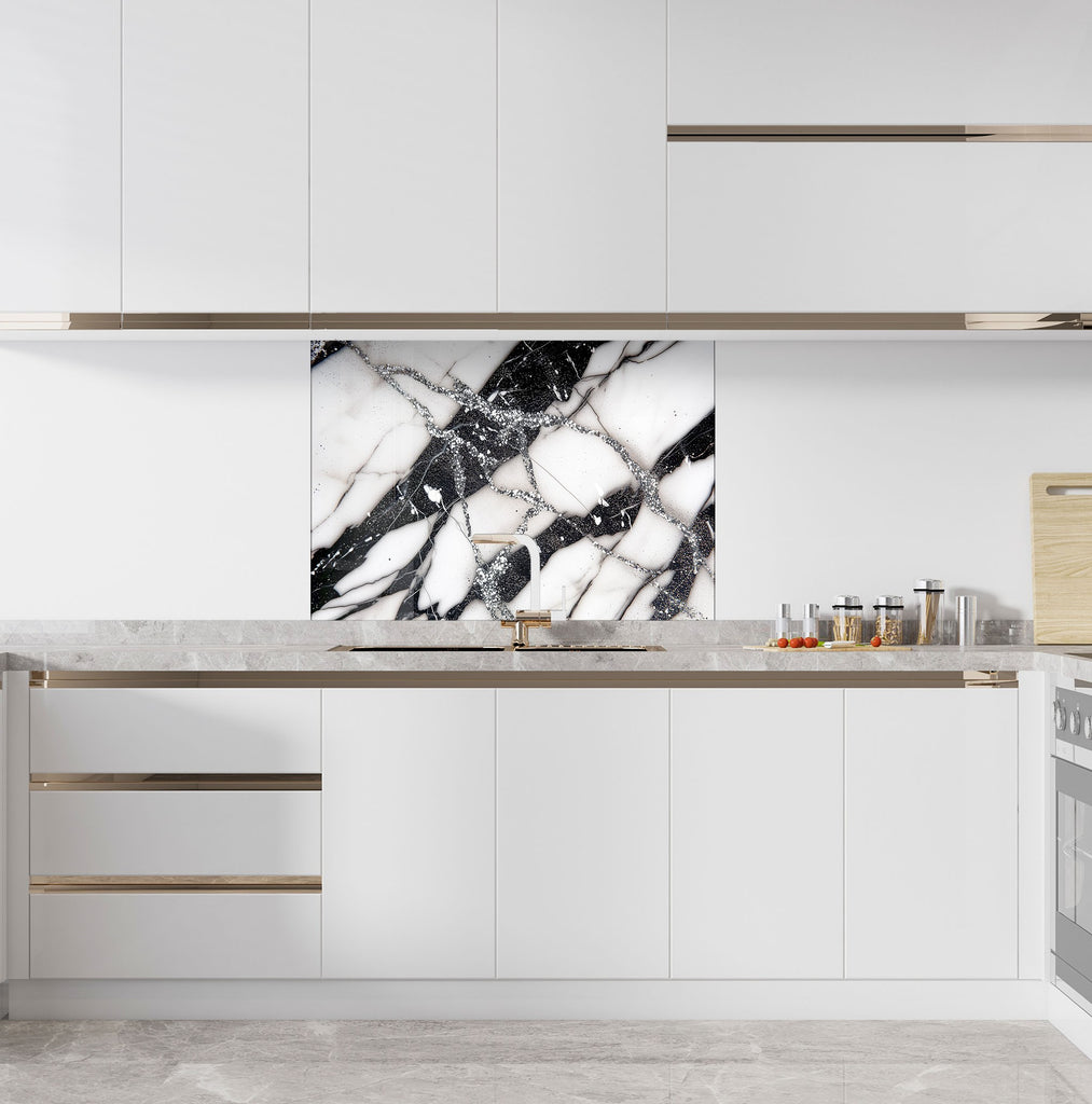 Black & White Abstract Marble - Glass Kitchen Backsplash-BacksplashArtworks