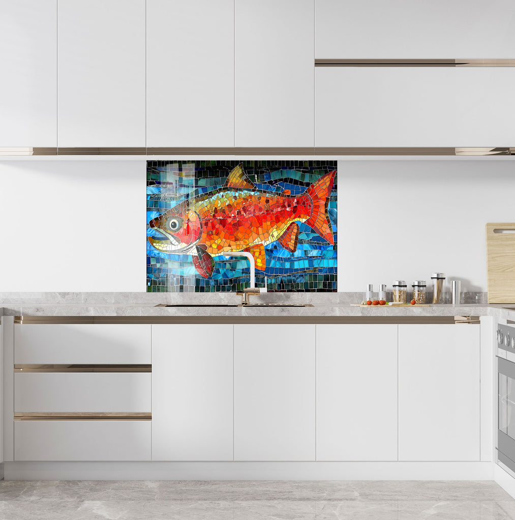 Mosaic Tempered Glass Kitchen Backsplash with Vibrant Colorful Fish Design-BacksplashArtworks