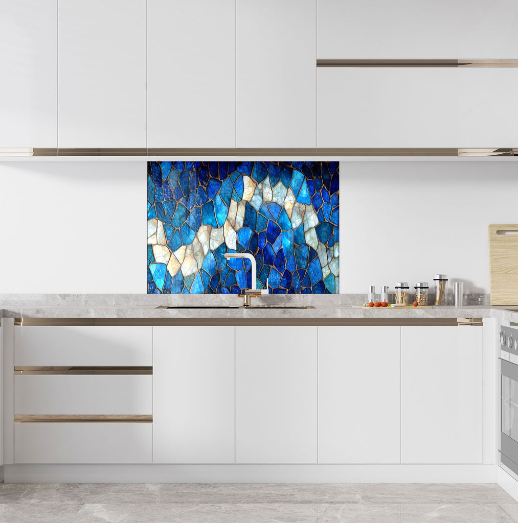 Mosaic Glass Kitchen Backsplash with Blue Wave Design-BacksplashArtworks