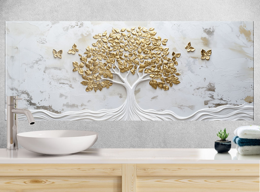 Backsplash glass wall art featuring golden botanical tree design with elegant textured white background for luxury kitchens


