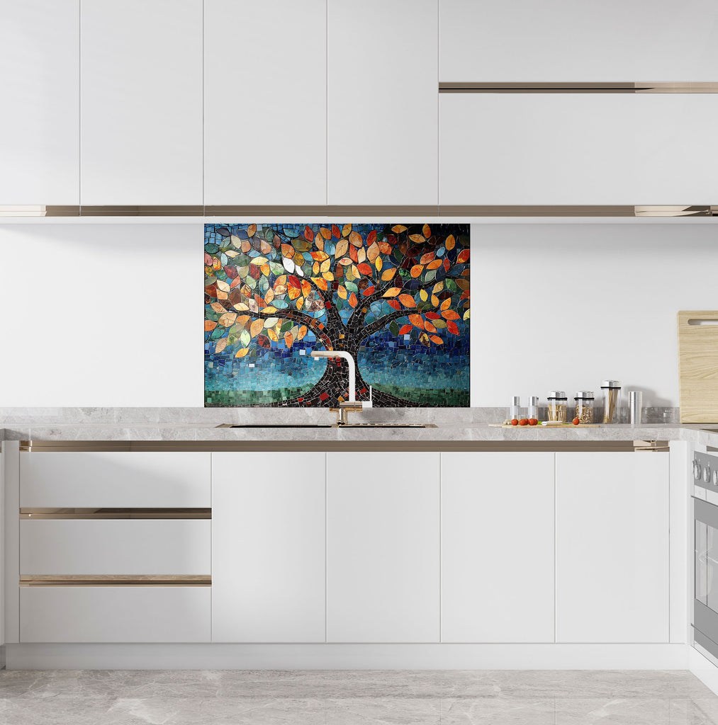 Backsplash glass art featuring colorful mosaic tree of life design perfect for luxury kitchen decor and artistic home renovations

