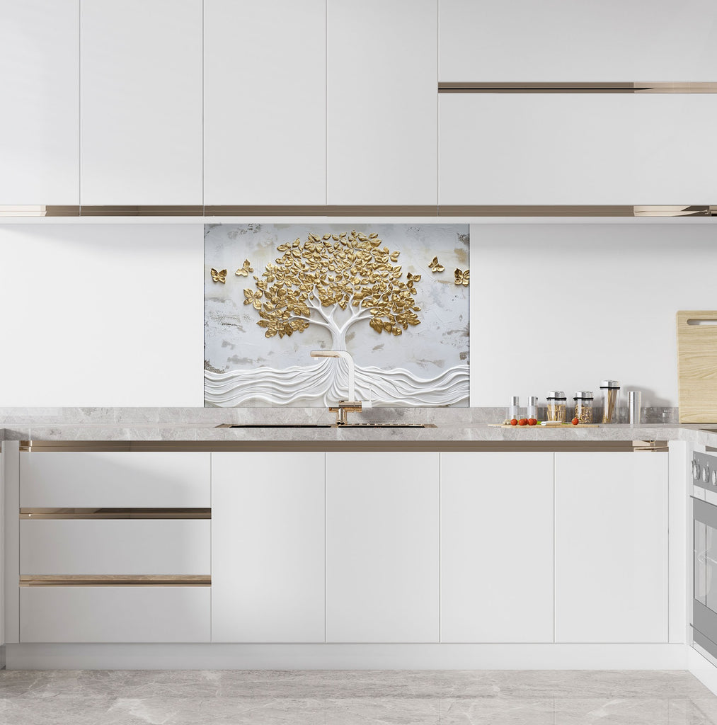 Golden leaves and flowing roots backsplash sophisticated glass wall art design perfect for modern kitchen spaces

