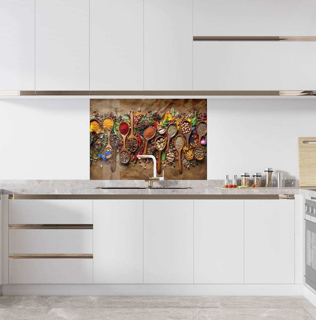 Backsplash glass art with colorful kitchen spices and herbs creating a lively and gourmet atmosphere for luxury kitchen designs

