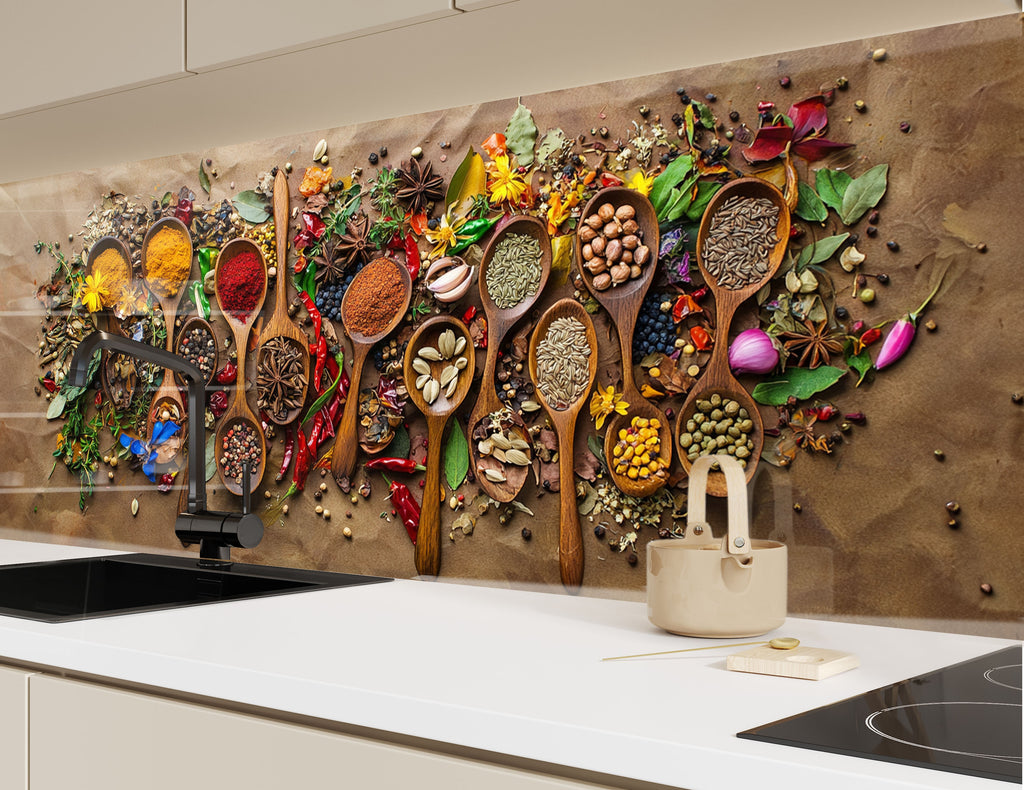Modern kitchen backsplash featuring wooden spoons and spices vibrant textured backsplash glass art ideal for stylish cooking spaces

