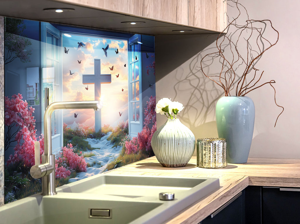 Heaven's Light - Cross & Sunrise Glass Kitchen Backsplash-BacksplashArtworks