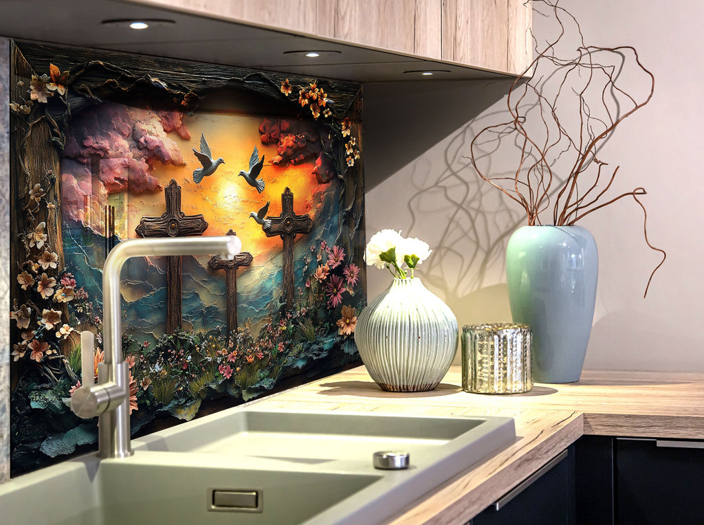 Faithful Sunrise - Three Crosses Glass Kitchen Backsplash-BacksplashArtworks