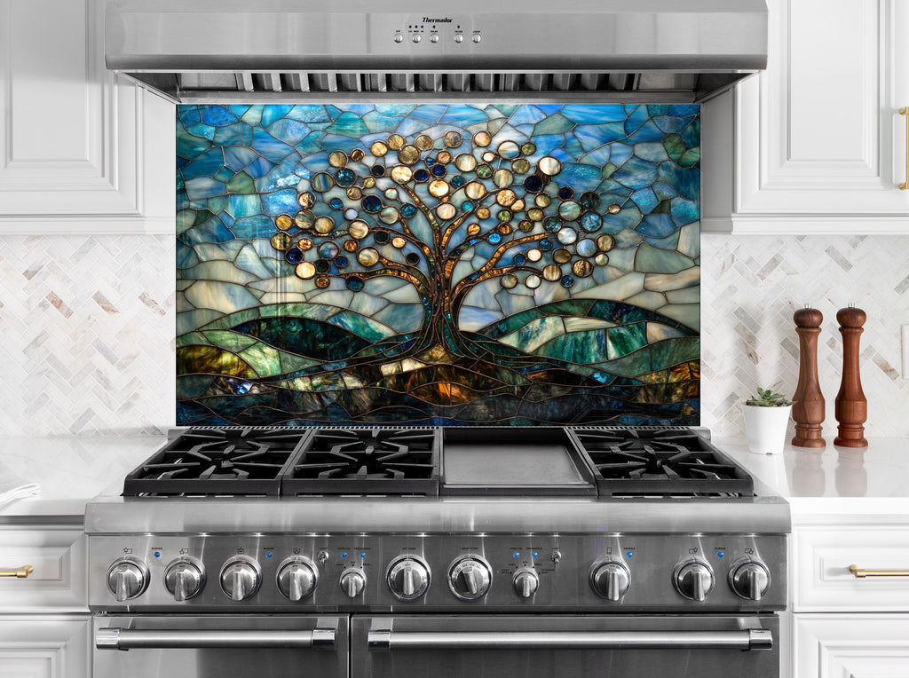 Backsplash glass art with radiant stained glass tree design – perfect for nature-inspired kitchen décor.

