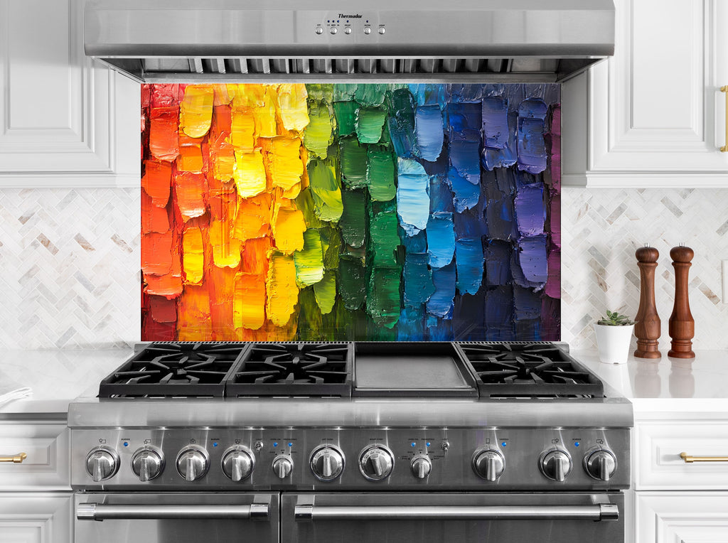 Colorful kitchen backsplash featuring bold rainbow palette artistic textured backsplash glass art ideal for creative kitchen designs

