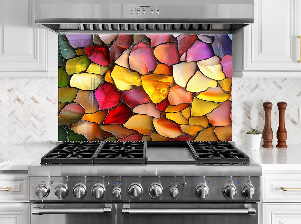 Bold abstract foliage design – multicolor stained glass backsplash.

