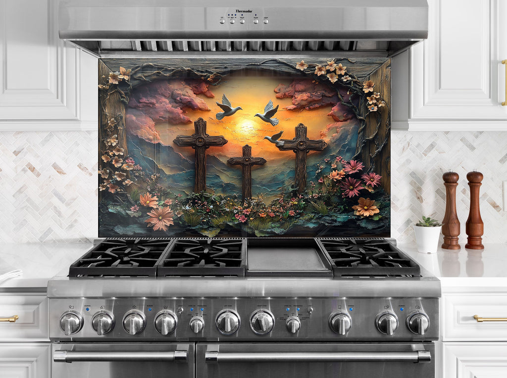 Faithful Sunrise - Three Crosses Glass Kitchen Backsplash-BacksplashArtworks