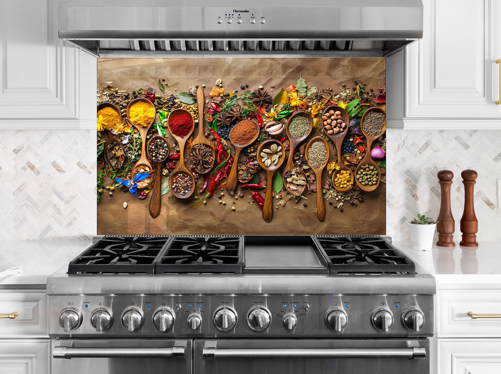 Luxury spice themed kitchen backsplash artistic herbs and colorful spices design premium textured backsplash glass art


