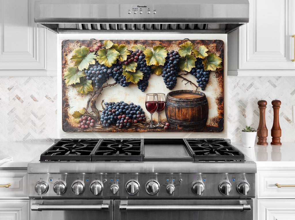 Rustic Grape Vine Glass Kitchen Backsplash – Vineyard Wine & Barrel Design-BacksplashArtworks