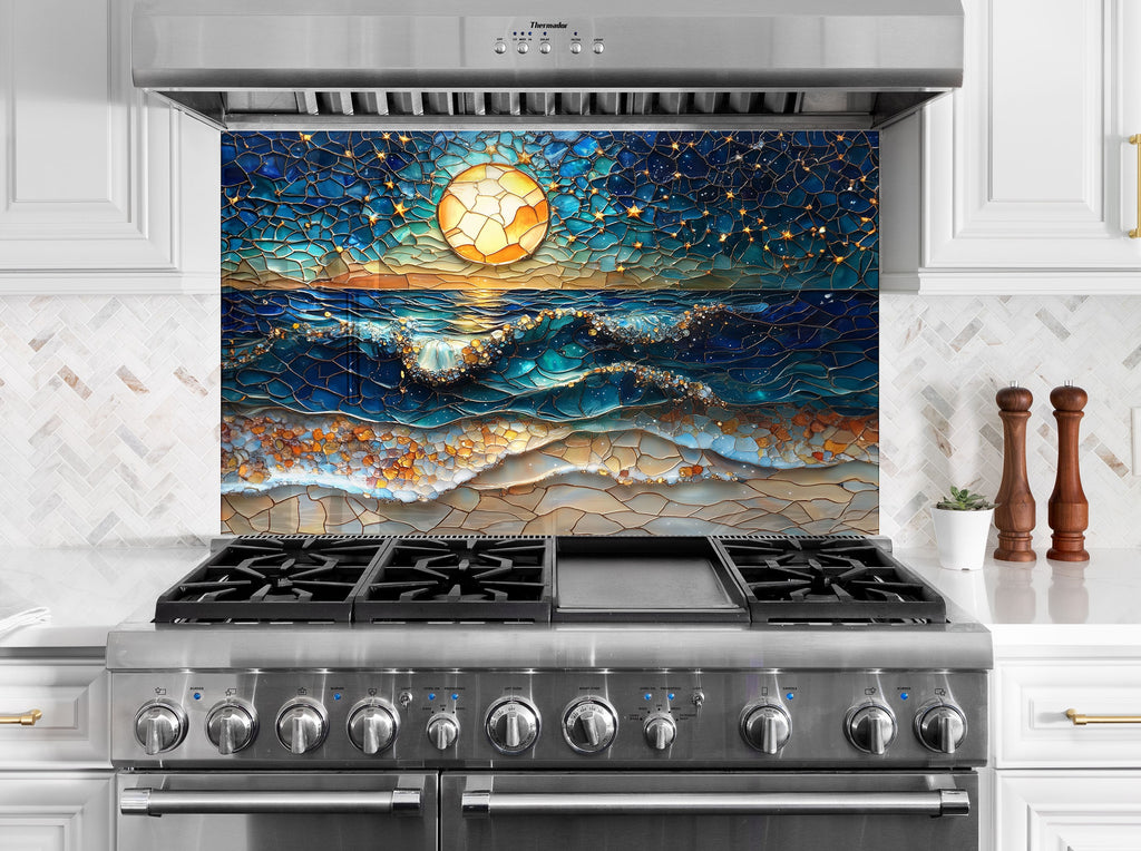 Backsplash glass art with moonlit ocean waves, creating a dreamy coastal atmosphere in your kitchen.

