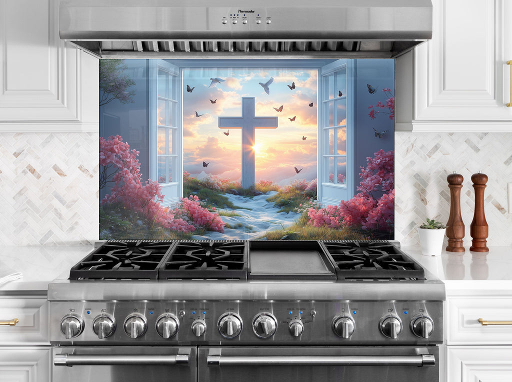 Heaven's Light - Cross & Sunrise Glass Kitchen Backsplash-BacksplashArtworks