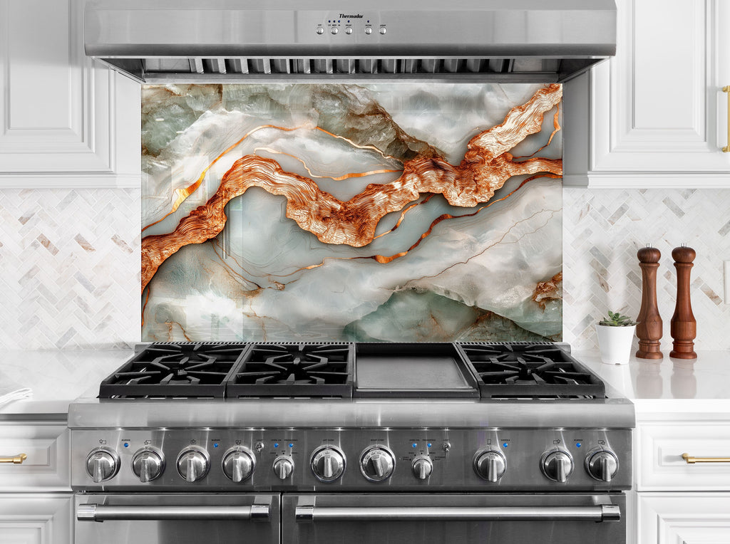 Elegant marble texture glass panel – bronze swirl kitchen backsplash.

