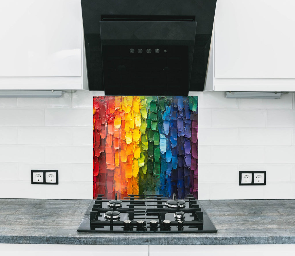 Rainbow abstract kitchen backsplash vibrant multicolor textured backsplash glass art panel perfect for modern interiors

