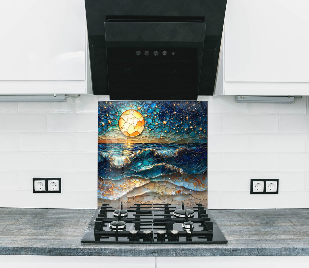 Elegant ocean night backsplash design featuring golden moonlight and shimmering waves for a luxury kitchen.

