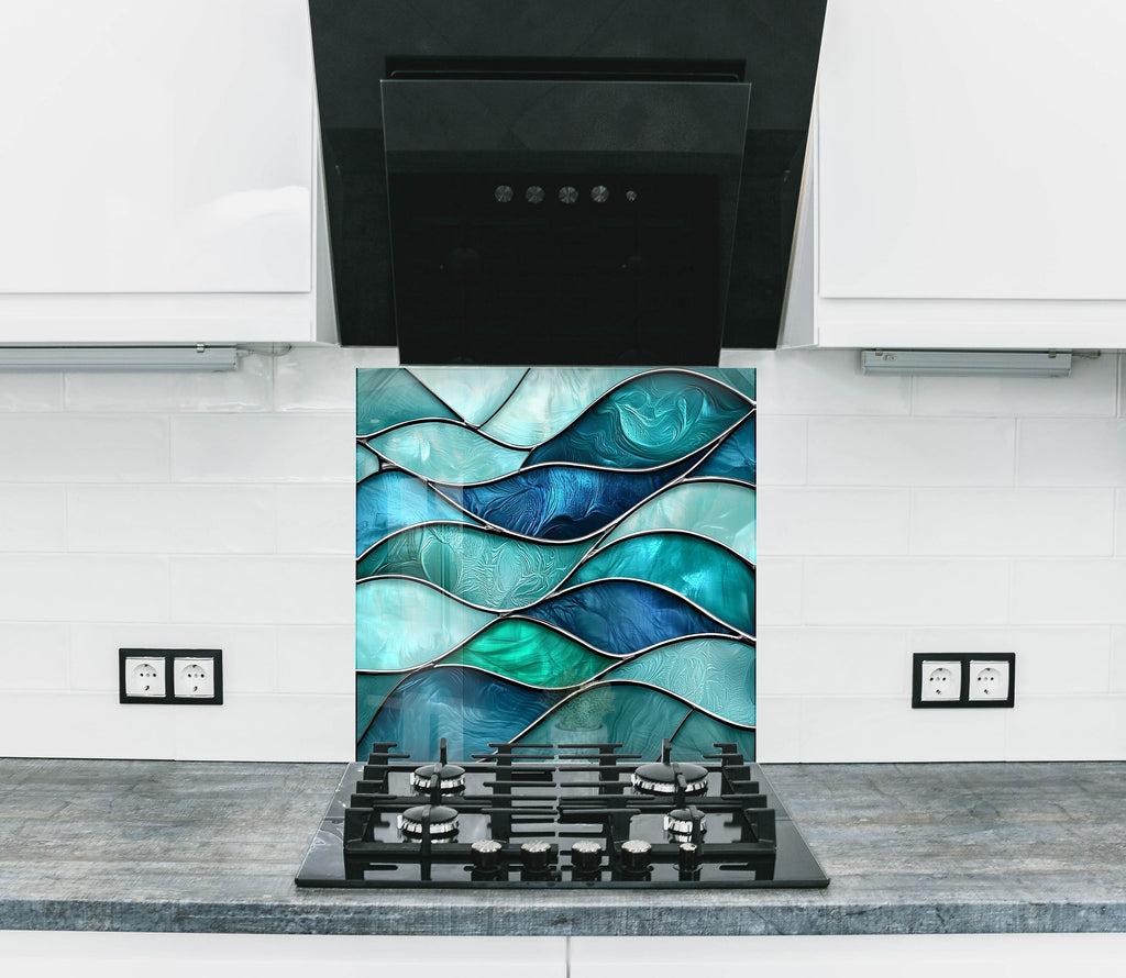 Ocean waves inspired kitchen backsplash flowing blue design on premium textured backsplash glass art for modern and coastal interiors

