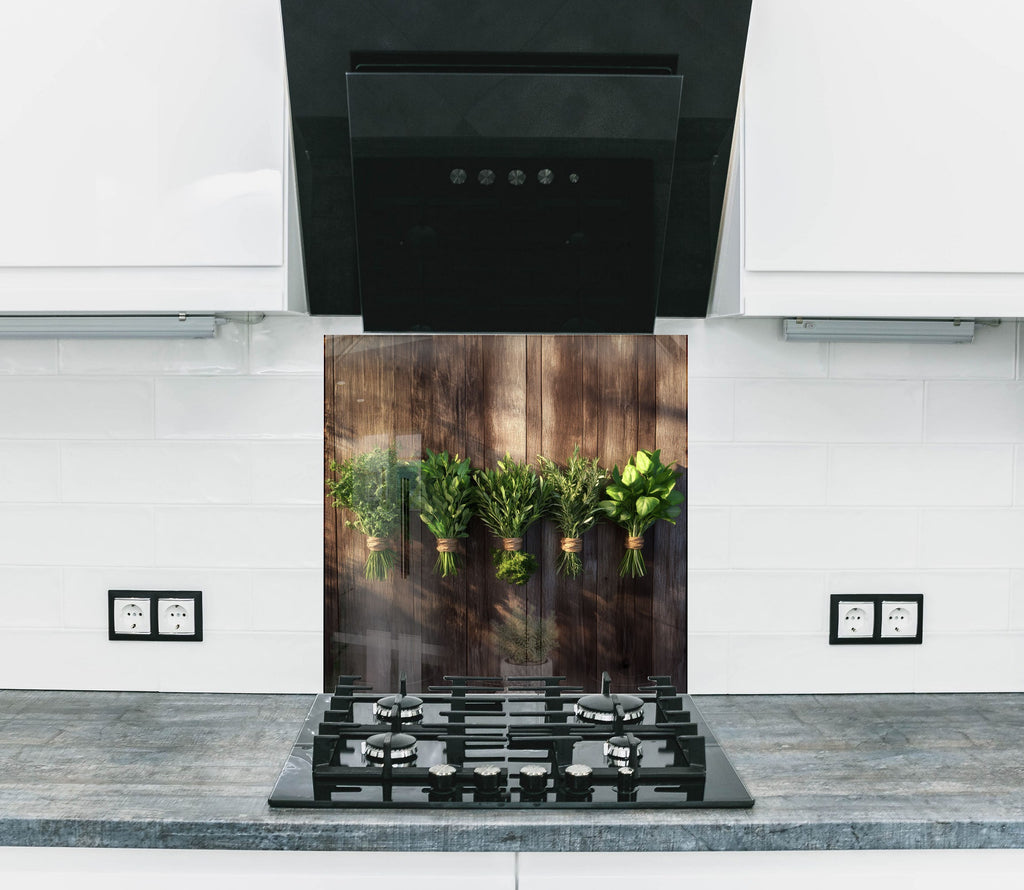 Rustic herb themed kitchen backsplash featuring green bundles on wooden planks printed on high quality backsplash glass art

