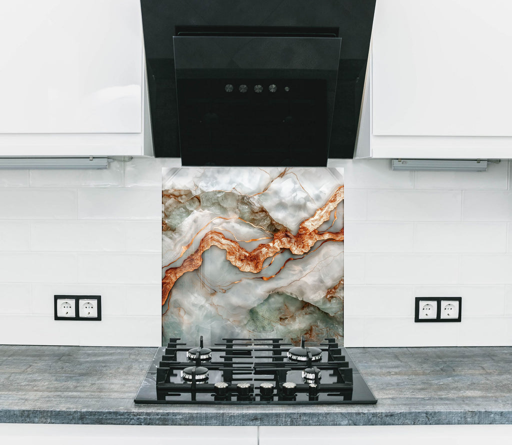 Modern copper river design – abstract luxury backsplash glass.

