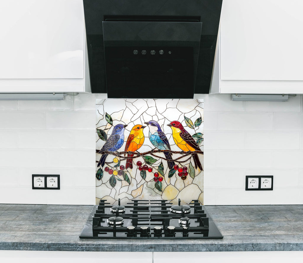 Colorful birds on branch backsplash glass, perfect for creating a cheerful and artistic kitchen atmosphere.

