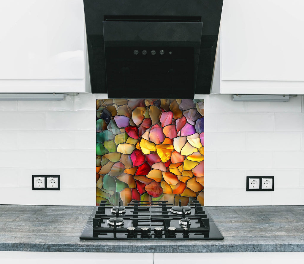 Colorful leaf mosaic backsplash – stained glass kitchen art panel.

