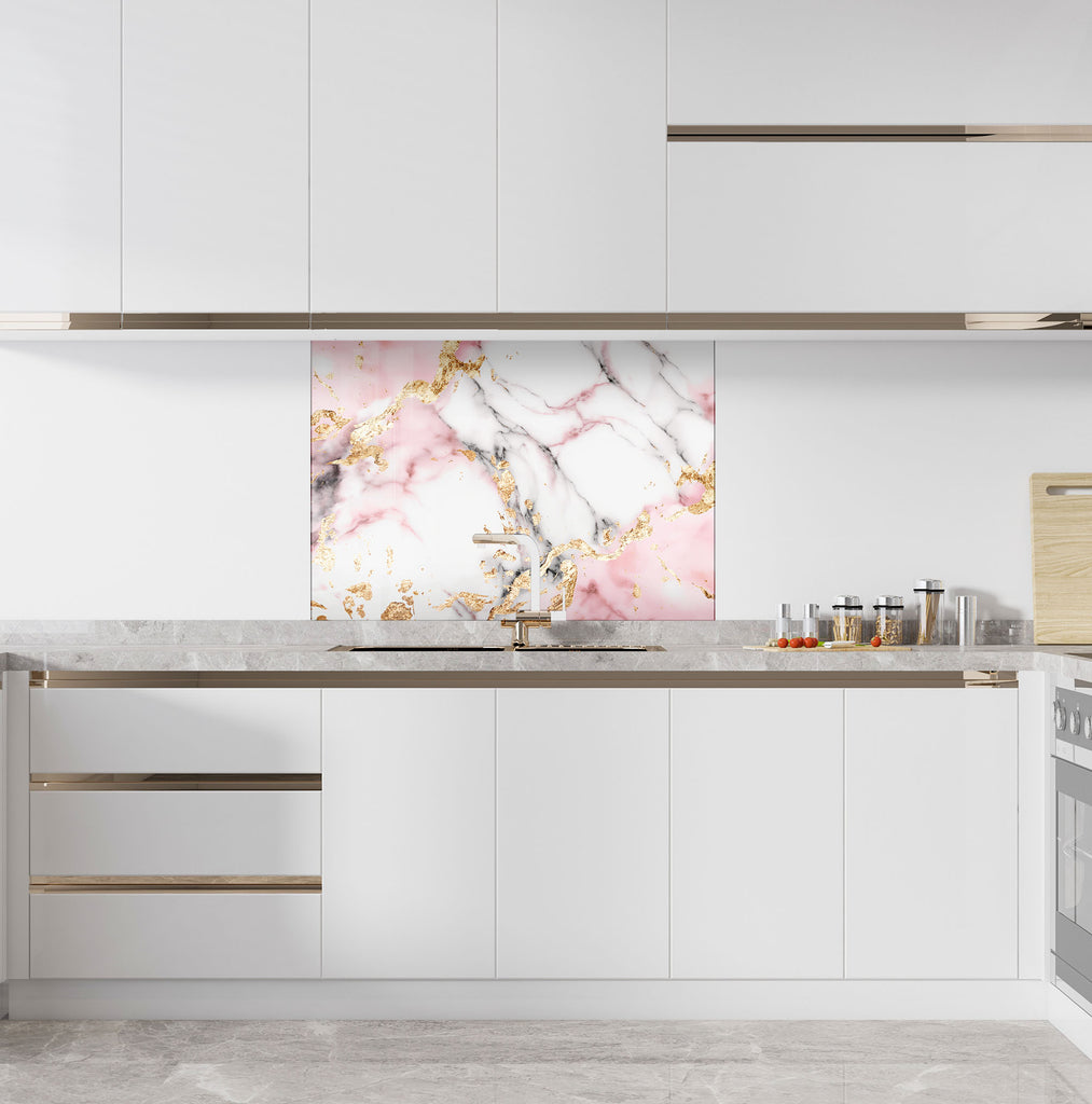 Pink & Gold Marble Elegance - Glass Kitchen Backsplash-BacksplashArtworks