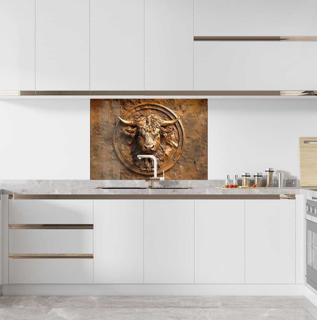 Bronze Highland Bull – Glass Kitchen Backsplash-BacksplashArtworks