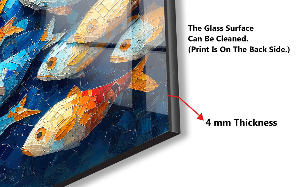 Mosaic-Inspired Tempered Glass Kitchen Backsplash with Colorful Fish Design-BacksplashArtworks